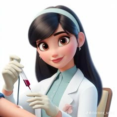 a cartoon character is holding a syringe in her right hand and looking at the camera