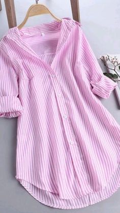 Latest Shirts Design For Women, Long Tops For Women, Pola Blus, Lavender Shirt, Casual Long Sleeve Shirts, Stil Elegant, Striped Long Sleeve Shirt, Loose Shirts