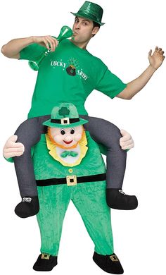 a man in a green lepreti costume riding on the back of a person