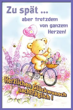 a card with a teddy bear riding a bike in front of pink flowers and butterflies