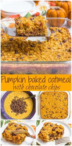 pumpkin baked oatmeal with chocolate chips in a casserole dish on a plate