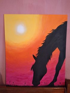 a painting of a horse in front of a sunset with pink and yellow colors on it