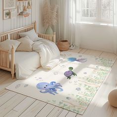 a child's bedroom with an octopus rug on the floor next to a bed