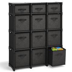 a black storage unit with six bins next to it