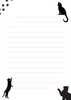 a black and white cat lined up with paw prints on it's side, in front of an empty sheet of paper