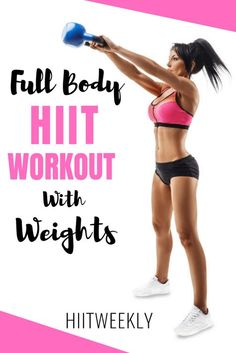 a woman in pink top and black shorts holding a blue ball with the words full body hit workout with weights