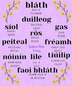 the words in different languages are arranged on a purple background with yellow and pink flowers