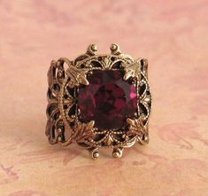 Vintage Garnet Jewelry, Garnet Ring Vintage, Gold Ring Designs, Garnet Jewelry, Garnet Ring, Disney Jewelry, Filigree Ring, Red Stone, Gem Stones