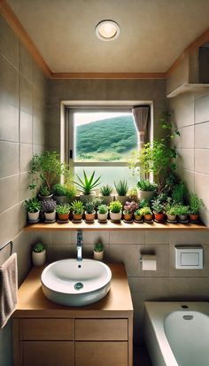 a bathroom with a sink, tub and plants in the window sill above it