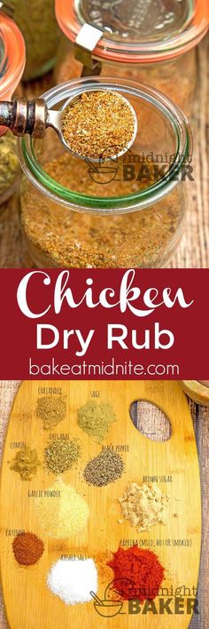 chicken dry rub recipe in a glass jar on a cutting board with spices and seasonings