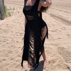 Our Rio Fringe Dress/Cover Up Is Meant To Be Versatile, It Can Be Used Over Your Swimsuit, Leggings, Shorts Or A Skirt. Go From The Beach To A Pool Party Feeling Sexy, Stylish And Comfortable. Chic Beach Bodycon Maxi Dress, Chic Maxi Length Bodycon Beach Dress, Fitted Black Cover-up For Party, Long Bodycon Dress For Summer Party, Fitted Black Cover-up For Summer, Fitted Maxi Length Bodycon Dress For Beach, Fitted Black Casual Cover-up, Black Bodycon Mini Dress For Beach, Black Bodycon Mini Dress For The Beach