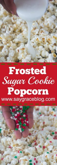 frosted sugar cookie popcorn with sprinkles on top and the words frosted sugar cookie popcorn above it