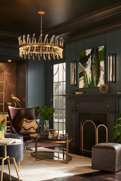 Revel Single Tier Chandelier Leather Walls, Eclectic Decorating, Lounging Area, Circular Chandelier, Victorian Modern, Tier Chandelier, Faux Fireplace, Corner Fireplace, Wagon Wheel Chandelier