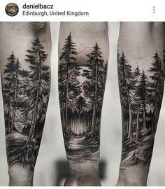 black and white tattoos on the legs of two people with trees in the woods behind them