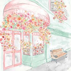 a drawing of a flower shop with a bench