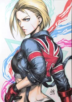 a drawing of a woman with blonde hair and blue eyes wearing a union jack jacket