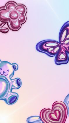 an image of colorful teddy bears and butterflies on a pink, blue, purple and white background