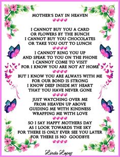 the poem for mother's day in heaven, with butterflies and flowers on it