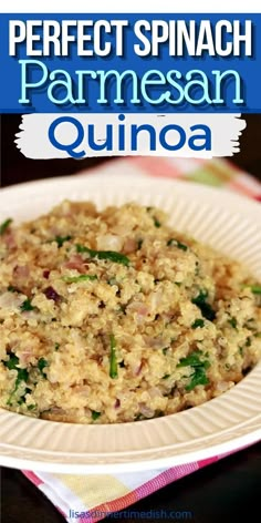 a white plate topped with quinoa and spinach