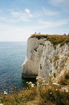 people are standing on the edge of a cliff overlooking the ocean with cliffs in the background