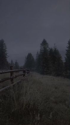 a fence in the middle of a grassy field with trees on both sides at night