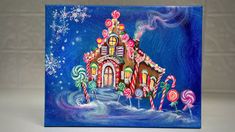 a painting of a gingerbread house with candy canes and candies on it