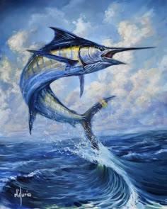 a painting of two marlin fish leaping out of the water with clouds in the background