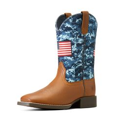 They'll be proud to show off this patriotic pair. Featuring a cool camo print and American flag, these boots are also incredibly comfy and incredibly durable. Patriot Western Boot | Product Features : 0 : 4LR™ technology provides lightweight support and stability, 1 : Removable Wiggle Room™ insole provides up to a half size of extra room, 2 : Duratread™ sole is extremely durable while still letting your foot flex | Kid's Patriot Western Boots in Grand Canyon Full grain leather foot with printed Tractor Supply, Western Boot, Western Cowboy Boots, Extra Room, Kids Boots, Camo Print, Western Cowboy, Western Boots, Full Grain Leather