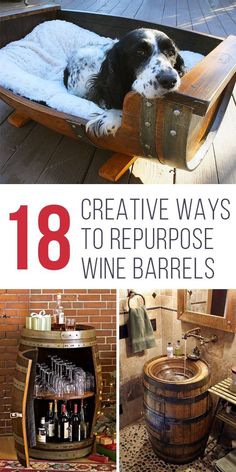 a dog laying on top of a wooden barrel next to a sink and wine glass holder