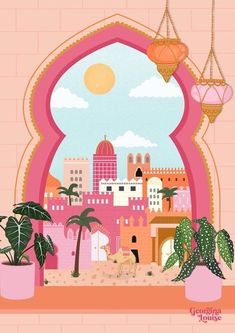 an illustration of a pink city with palm trees and potted plants in the foreground