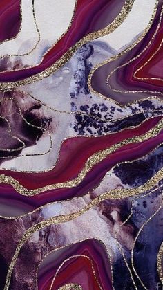 an abstract painting with gold glitters and red, purple and white colors on it