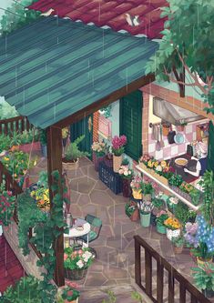 a painting of an outdoor cafe with potted plants and flowers on the outside patio