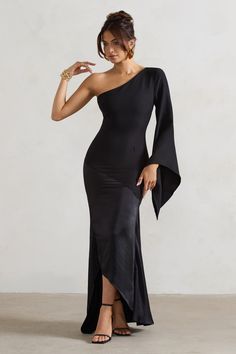 Salem Black Asymmetric Cape-Sleeve Maxi Dress With Satin Skirt – Club L London - USA Black Tie Wedding Guest Dress, Club L London, Black Tie Gala, Asymmetric Neckline, Party Dress Long Sleeve, Cape Sleeves, Black Sequin Dress, Black Velvet Dress, Black Tie Event