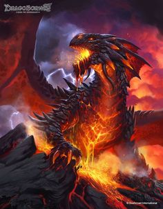 a large dragon sitting on top of a mountain covered in lava and lightnings with its mouth open