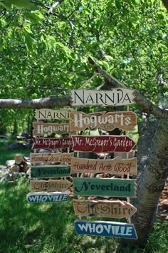 a wooden sign hanging from the side of a tree