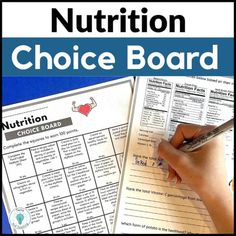 a close up of a person writing on a piece of paper with the words nutrition choice board