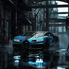 a bugatti car driving down a wet street in the rain