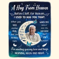 a blue and white photo frame with an image of a man on the crescent moon