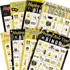 four happy new year's eve bingo cards with gold glitters and black lettering