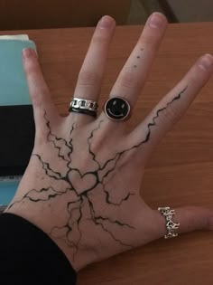 a person's hand with two rings on top of it and a book in the background