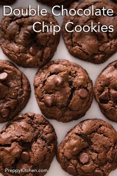 chocolate chip cookies on a plate with text overlay that reads double chocolate chip cookies