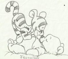 a drawing of winnie the pooh and tigger sitting next to each other with their arms around one another