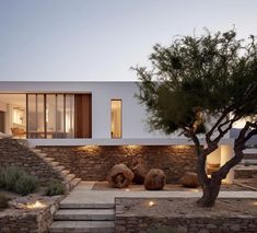 an exterior view of a modern house with stone steps and trees in the foreground