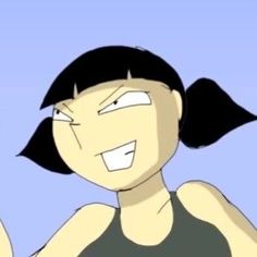 an animated image of a woman with black hair and ponytails holding a cell phone