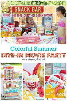 colorful summer drive - in movie party with snacks, popcorns and drinks on the table