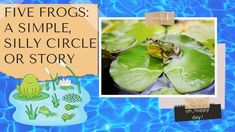 a frog sitting on top of a lily pad next to a pond with water lilies