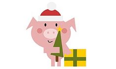 a pig with a christmas tree in its mouth and a santa hat on it's head