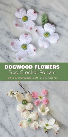 crochet flower pattern for dogwood flowers on marble background with text overlay that reads, free crochet pattern