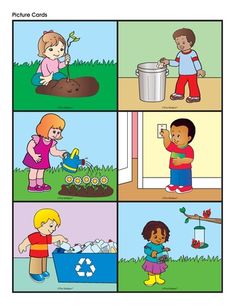 the four pictures show children doing different things in their life, including plants and water