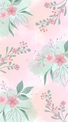 watercolor floral wallpaper with pink flowers and green leaves on a pastel background